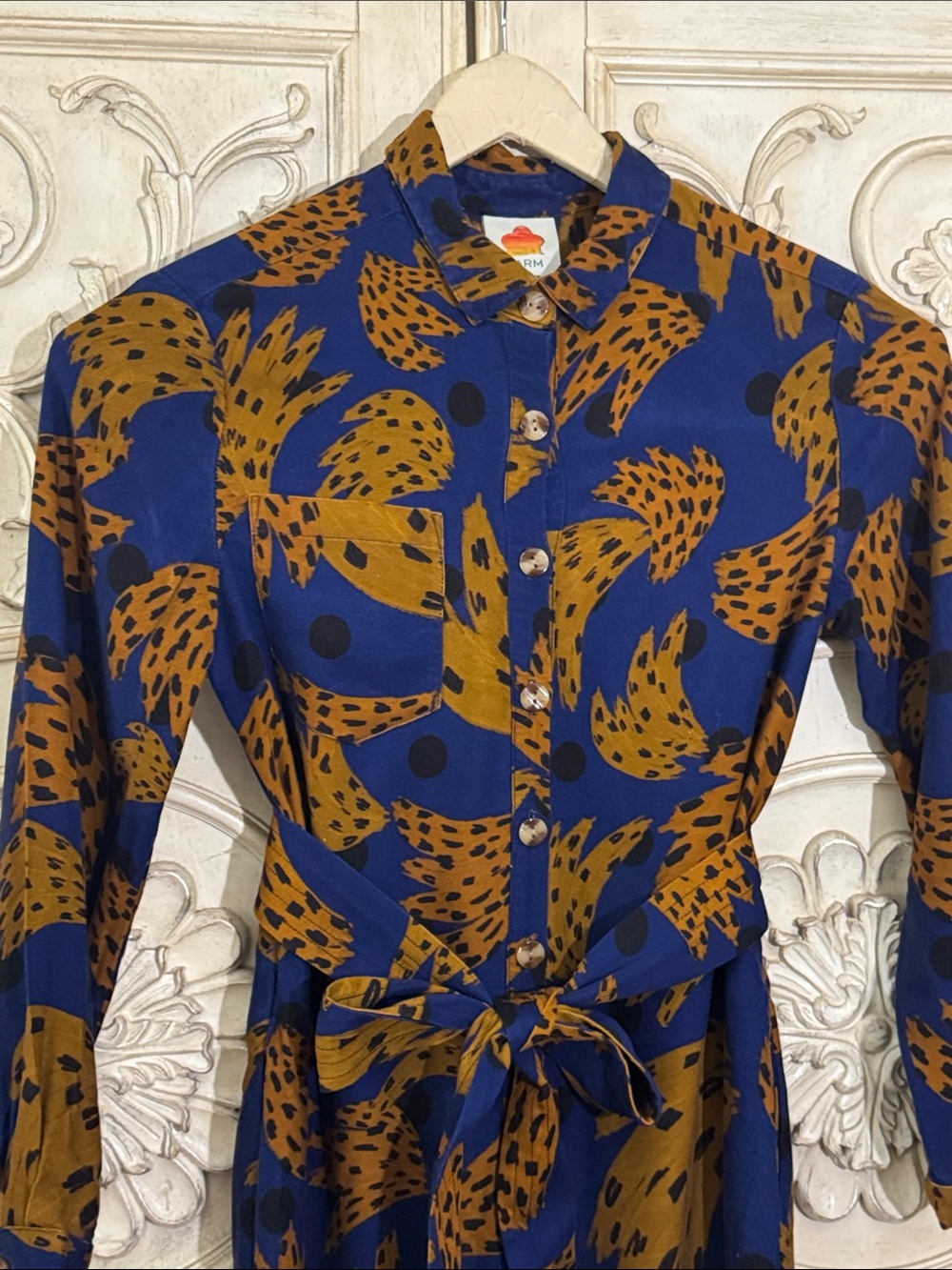 Farm Rio Banana Blue & Brown Printed Jumpsuit with Tie Waist Size Small - Picture 5 of 16